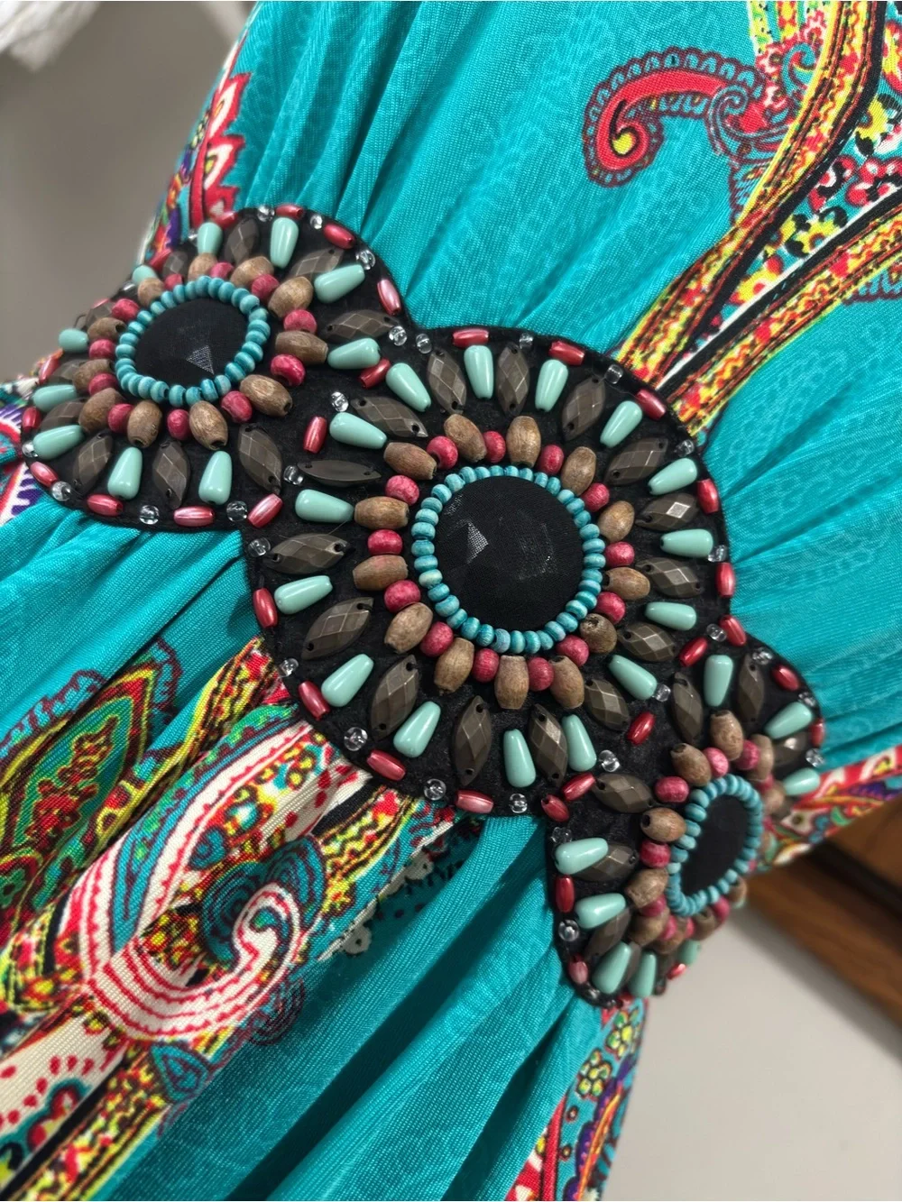 ICE Vtg Beaded Waist Flowy Midi Dress V Neck Size 12 Teal Paisley Boho Chic - Picture 4 of 9